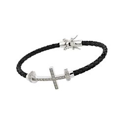 Sterling Silver Rhodium Plated Sideways Cross CZ Black Rope Bracelet bgb00175