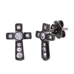 Sterling Silver Black Rhodium Plated Cross Earring with CZ - BGE00466