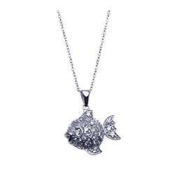 Sterling Silver Rhodium Plated Clear CZ Fish Pendant Necklace stp00915