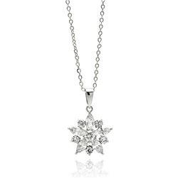 Rhodium Plated Brass Snowflake Flower Clear CZ Pendant Necklace bbp00097