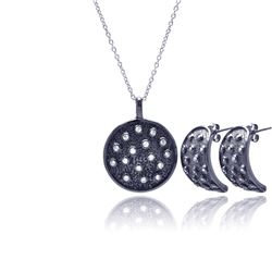 Sterling Silver Black Rhodium Plated Circle CZ Stud Earring & Necklace Set sts00341