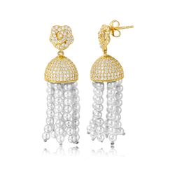 Sterling Silver Gold Plated Flower With Hanging CZ Dome And Sythetic Pearl Strands Earrings - GME000