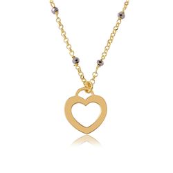 Sterling Silver Gold Plated Black DC Beads Chain With Open Heart - ECN00023GP