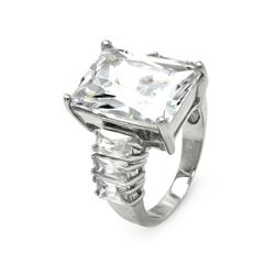 Rhodium Plated Brass Rectangular Clear Baguette CZ Engagement Ring bbr00041