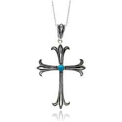 Rhodium Plated Brass Cross Turquoise Center Pendant Necklace bbp00080