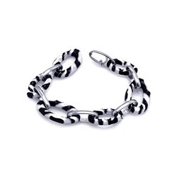 Sterling Silver Rhodium Plated Black & White Enamel Zebra Print Open Link Bracelet stb00417