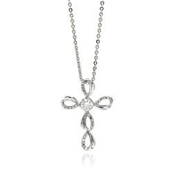 Rhodium Plated Brass Open Twist Cross Clear CZ Pendant Necklace bbp00144