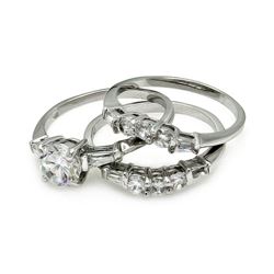 Rhodium Plated Brass Clear Round Center Baguette Sides CZ Engagement Ring Set bbr00092