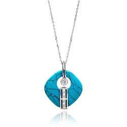 Sterling Silver Rhodium Plated Turquoise Open Square Stone Center Circle CZ Necklace bgp00644
