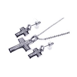 Sterling Silver Rhodium Plated Clear Inlay Cross CZ Dangling Stud Earring & Dangling Necklace Set bg