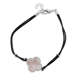 Sterling Silver Mother of Pearl Clover on Leather Strap Bracelet BGB00154