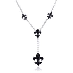 Sterling Silver Rhodium & Black Rhodium Plated Black CZ Fleur De Lis Pendant Necklace bgn00041