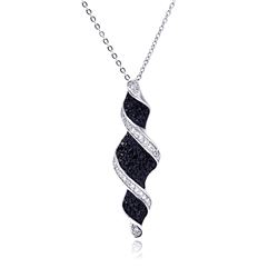 Sterling Silver Black and Clear CZ Black and Rhodium Plated Twist Drop Pendant Necklace bgp00120