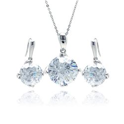 Sterling Silver Rhodium Plated Large Round Clear CZ Hook Earring & Dangling Necklace Set bgs00122