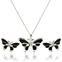 Sterling Silver Rhodium Plated Black Butterfly CZ Stud Earring & Necklace Set sts00415