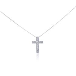 Sterling Silver Rhodium Plated Clear Diamond Cross Pendant Necklace stp01030