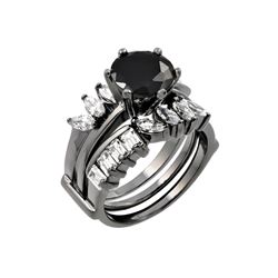 Sterling Silver Black Rhodium Plated Black Center Clear Baguette Marquise CZ Ring