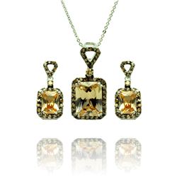 Sterling Silver Black Rhodium Plated Yellow Round & Rectangular CZ Dangling Stud Earring & Necklace 