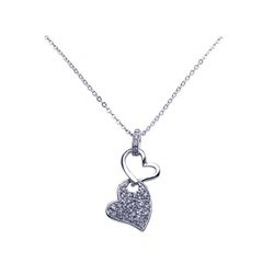 Sterling Silver Rhodium Plated Double Dangling Heart Clear CZ Pave Pendant Necklace BGP00257