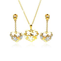 Sterling Silver Gold Plated White Enamel Flower Heart CZ Dangling Stud Earring & Necklace Set bgs001
