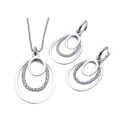 Silver Rhodium Plated Clear Open Multi Layer Oval CZ Dangling Stud Earring & Dangling Necklace Set b