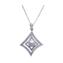 Sterling Silver Rhodium Open Square CZ Center Pearl Necklace bgp00254