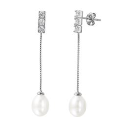 Sterling Silver Rhodium Plated Heart Chain Pearl CZ Dangling Stud Earring STE01004