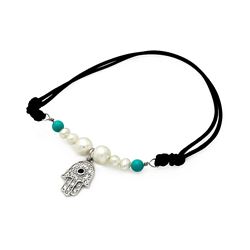 Sterling Silver Rhodium Plated Pearl Turquoise Beads Hamsa Clear CZ Black Cord Bracelet stb00491
