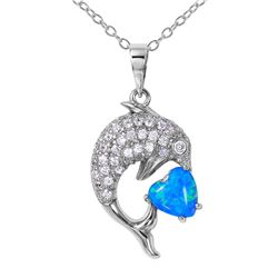 Sterling Silver Rhodium Plated CZ Dolphin Necklace with Synthetic Blue Opal - BGP01074BLU