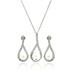 Sterling Silver Rhodium Plated Pearl Open Teardrop Clear Pave Set CZ Hanging Stud Earring & Necklace