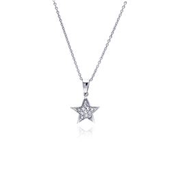 Sterling Silver Clear CZ Rhodium Plated Double Star Pendant Necklace stp00180