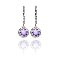 Sterling Silver Rhodium Plated Round Violet Purple Flower CZ Dangling Earring ste00543-pur