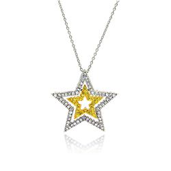 Sterling Silver Clear/Yellow CZ Rhodium Plated Triple Star Pendant Necklace stp00128
