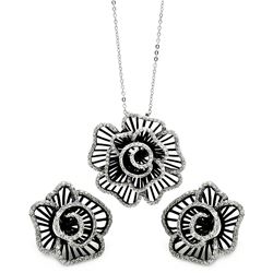 Sterling Silver Rhodium & Black Rhodium Plated Clear Flower Rose CZ Stud Earring & Necklace Set bgs0