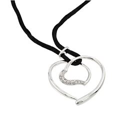 Sterling Silver Rhodium Plated Open Heart CZ Black Rope Necklace BGP00595