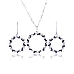 Sterling Silver Rhodium & Black Rhodium Plated Open Spiral Circle Black CZ Hook Earring & Necklace S