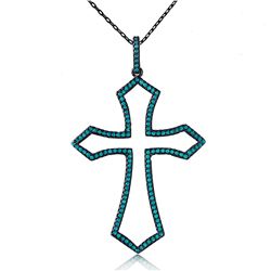 Sterling Silver Black Rhodium Open Cross Necklace With Synthetic Turquoise Stone - STP01508