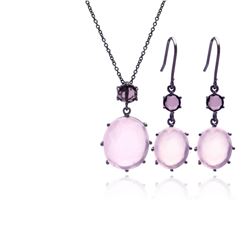 Sterling Silver Rhodium Plated Light Pink Round CZ Dangling Hook Earring & Necklace Set sts00320