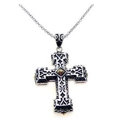 Sterling Silver Rhodium Cross Small Center Square CZ Necklace bgp00216