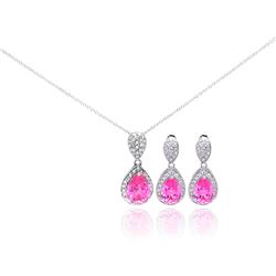 Sterling Silver Rhodium Plated Pink Teardrop CZ Dangling Stud Earring & Necklace Set sts00257pnk