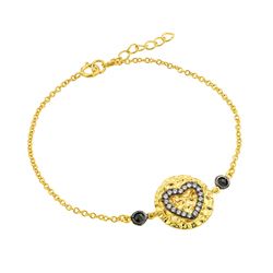 Sterling Silver Gold Plated Circle Black Heart Clear CZ Inlay Bracelet bgb00178gp