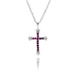 Sterling Silver Red CZ Rhodium Plated Double Heart Pendant Necklace bgp00136