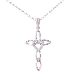 Sterling Silver Rhodium Plated CZ Rounded Heart & Cross Pendant Necklace STP01495