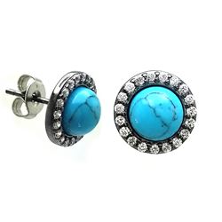 Sterling Silver Black Rhodium Plated Round Clear CZ Turquoise Center Stud Earring BGE00408