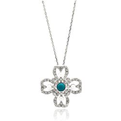 Sterling Silver Rhodium Plated Open Flower Center Blue CZ Necklace bgp00628