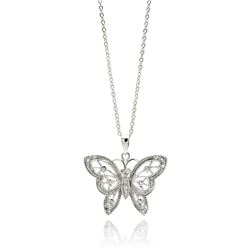 Rhodium Plated Brass Butterfly Clear CZ Pendant Necklace bbp00103