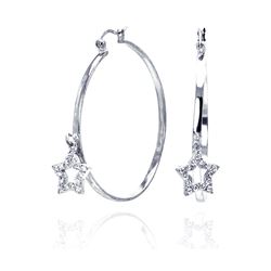 Sterling Silver Rhodium Plated Dangling Star CZ Hoop Earring ste00305