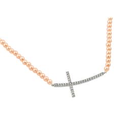 Sterling Silver Rhodium Plated CZ Cross Pendant with Champagne Synthetic Pearl Chain Necklace - BGP0