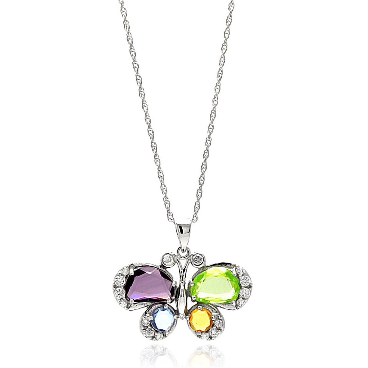 Sterling Silver Rhodium-plated Multi-Color CZ Butterfly Pendant