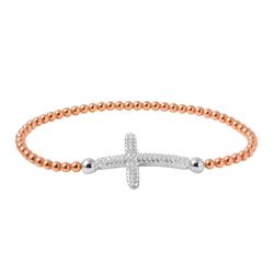 Sterling Silver Rose Gold Plated Beaded Italian Bracelet with CZ Encrusted Cross - ITB00195RGP